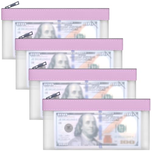 4 Pack Clear Money Envelopes for Cash Money Bag Pouch 7.6x3.7 inch - color: Purple