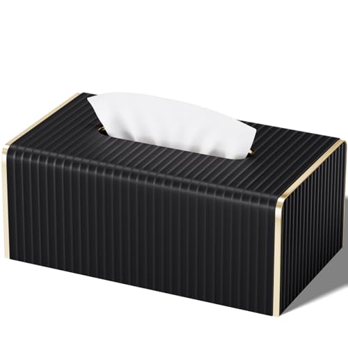 Tissue Box Cover,Black Rectangle PU Leather Tissue Holder with Gold-Tone Edging Accents,Tissue Box Cover for Bathroom Toilet Bedroom Living Room Table Desk Office,Countertop - color: Black, size: Rectangle Standard