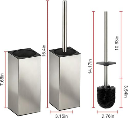 Toilet Brush and Holder Set, NEWRAIN Stainless Steel Toilet Brush with Long Brush Handle, Brushed Nickel Toilet Scrubber and Covered Holder, Square Design Sturdy and Space Saving, Covered Brush