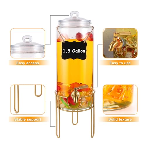 1.5 Gallon Drink dispenser, Glass Beverage Dispenser With Stand, Drink Dispensers for Parties With Stainless Steel Spigot + Marker & Chalkboard 100% Leakproof. Perfect For Parties And Daily Use - size: 1.5 Gallon