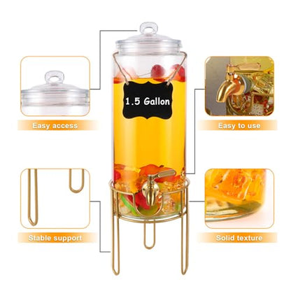 1.5 Gallon Drink dispenser, Glass Beverage Dispenser With Stand, Drink Dispensers for Parties With Stainless Steel Spigot + Marker & Chalkboard 100% Leakproof. Perfect For Parties And Daily Use - size: 1.5 Gallon
