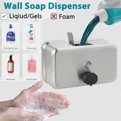 Commercial Soap Dispenser Wall Mount – Antirust Stainless Steel Soap Dispenser Liquid 38.8oz Large Capacity (Horizontal), Anti-Leak SUS304 Brushed Metal for Bathroom & High-Traffic Areas - size: Horizontal 38.8oz