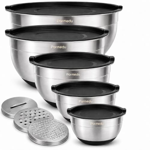 Parmedu Stainless Steel Nesting Mixing Bowls with Airtight Lids Set of 5