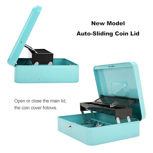 Cash Box with Key Lock & Auto-Pop Coin Tray – Secure Steel Money Box with 4 Upgraded Finger-Safe Bill Clips, Premium Smooth Scratch-Resistant Coating, 11.8"L x 9.5"W x 3.5"H, KL Teal - color: KL Teal