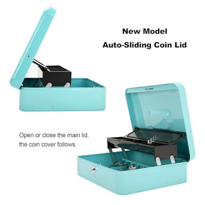 Cash Box with Key Lock & Auto-Pop Coin Tray – Secure Steel Money Box with 4 Upgraded Finger-Safe Bill Clips, Premium Smooth Scratch-Resistant Coating, 11.8"L x 9.5"W x 3.5"H, KL Teal - color: KL Teal
