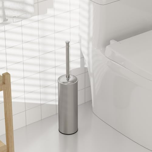 BESy Toilet Brush and Holder, Toilet Cleaner Bowl Set with Two Brush with Extra Long Handle, Durable Bristles Toilet Scrubber and Covered Holder, Drip-Proof Stainless Steel Brushed Nickel - color: Brushed Nickel