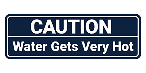 Standard Caution Water Gets Very Hot Sign (Navy Blue/White) - Small 1 Pack - color: Navy Blue / White, size: 2 x 6" - Small