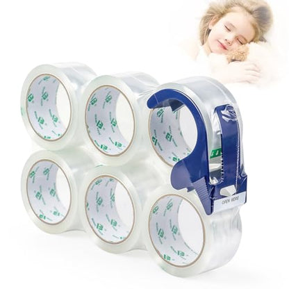 BOMEI PACK 6 Rolls Clear Silent Packing Tape, 1.88" x 60 yds with Blue Dispenser,Heavy Duty Packaging Carton Tape for Shipping Packaing Moving Sealing, 2.4mil Thickness, 60 Yards Per Roll - color: Clear
