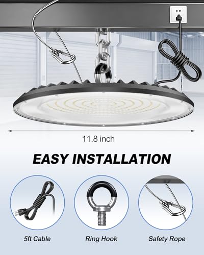 10Pack 200W Super Bright UFO LED High Bay Light, 5000K 30000LM AC100-277V Commercial High Bay LED Shop Lights IP65 with 5ft US Plug for Warehouse Workshop Barn Garage - size: 200W 10PACK