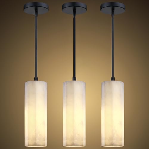 3 Pack 1 Light Hanging Kitchen Island Natural Polyhedral Alabaster Marble Pendant Ceiling Light Fixture,Modern Industrial Farmhouse Light Black Finish Over Sink Restaurant bar Corridor - color: Black 3.6" Round Marble, size: 3 Pack