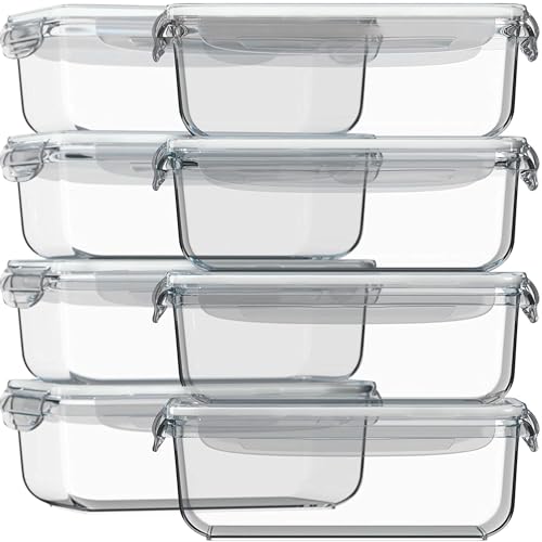 Razab 16 Pc (Set of 8) 30 Oz Glass Meal Prep Containers with Lids, Airtight Large Glass Food Storage Containers, Reusable Leak Proof BPA Free, Freezer to Oven and Dishwasher Safe - color: White