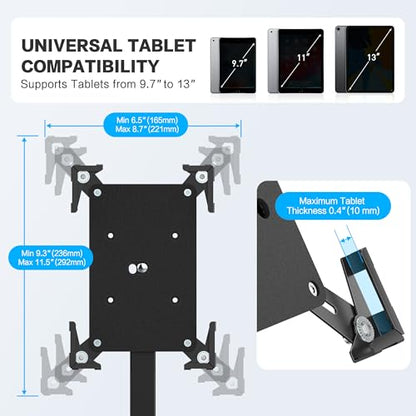 AboveTEK Security iPad Kiosk Floor Stand, Anti-Theft POS Tablet Stands for Retail Business, Height Adjustable Tablet Floor Stand, 360° Swivel Universal Locking Holder Fits 9.7"-13" iPads/iPad Pro/Air - color: Black