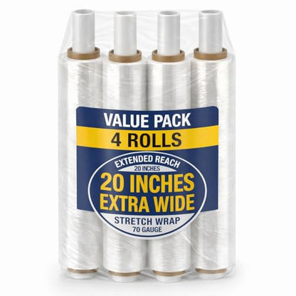 BOX USA Stretch Wrap Extra Wide Stretch Film Roll (4 Rolls) - 20 in Wide & 1000 ft long Clear Plastic Wrap with Handles for Pallet Wrapping Shipping Moving - size: 20" X 1000' (4 Rolls)