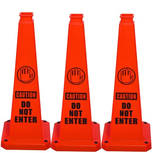 BESEA 3 Pack 36" Caution Cone with Weighted Base, Red 4-Sided “Cantion Do NOT ENTER ” Warning Cone for Creation Area Driveways, Business Parking Lots, Garages, Indoor/Outdoor - color: Red, size: 36INCH With Caution Sign