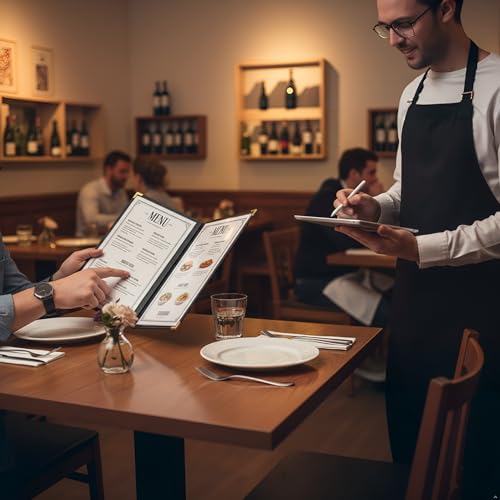 Restaurant Menu Covers 8.5 x 11 – Black Faux Leather Menu Holder with Gold Corners, 2 Pages 4 Views, Waterproof Menu Covers for Restaurants, Cafes & Bars
