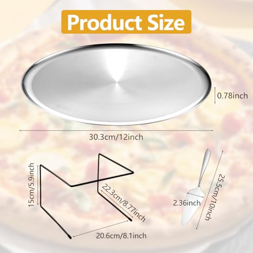 GRETJOB 12 Pcs Pizza Pan Riser Stand Set, 4 Metal Pizza Table Stands + 4 Nonstick Pizza Pans + 4 Pie Servers, Pizza Rack & Tray for Baking, Dessert, Cheese, Party, and Restaurant Use (Silver) - color: Silver 4Pcs