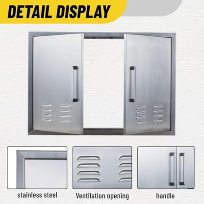 Outdoor Kitchen Doors, 30x21 Inch 304 Stainless Steel BBQ Access Door with Vent, Double Steel Doors for Outdoor Grill Island - size: 30W x 21H