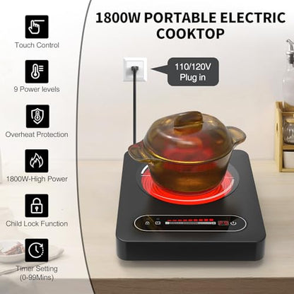 VBGK Single Burner Electric Cooktop,110V 1800W Electric Stove Top with LED Touch Control,10 Power Levels, 4 hTimer, Safety Lock,single burner cooktop Overheat protection - size: electric cooktop 30 inch