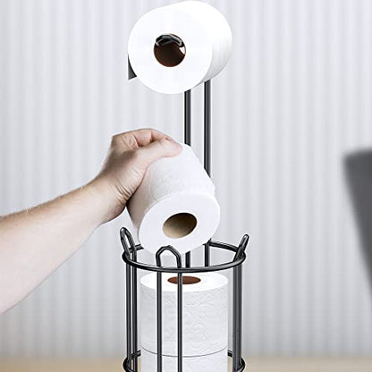 Meangood Toilet Paper Holder Stand and Tissue Paper Roll Dispenser for 4 Mega Rolls, Bathroom Free Standing Tissue Roll Storage Holder Rack, Metal Wire (Black) - color: Black 2
