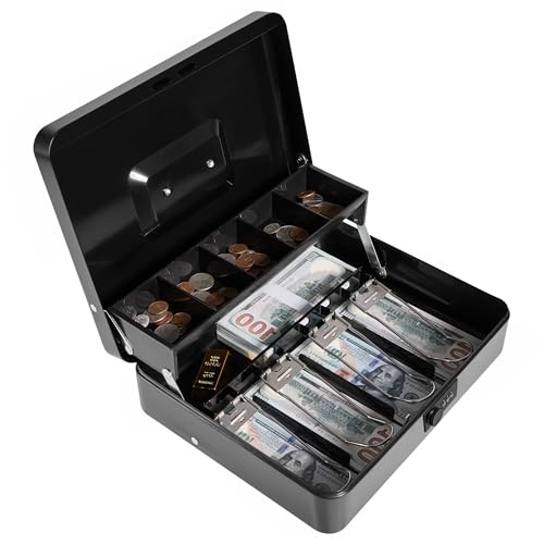 Locking Cash Box with Key Lock and Money Tray, Money Box, Lock Safe Box, Cash Money Lock Safe Box for Cash Register 11.8"x9.45"x3.54" (Black Combination) - color: Black Combination