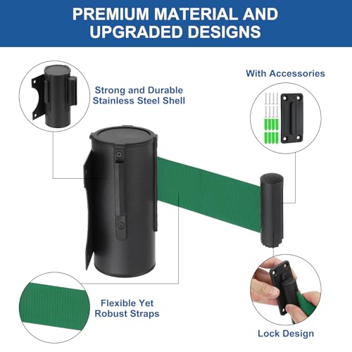 MECCANIXITY Wall Mount Retractable Belt Barrier 6.56ft Crowd Control Belts - color: Black/Green, size: 6.56 ft