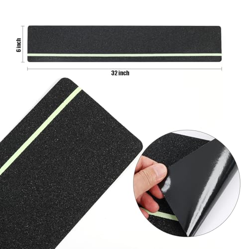 Outdoor Non Slip Tape 6'' x 32'' (12-Pack) High Traction Adhesive Treads with Free Roller - Heavy Duty 80 grit Non Slip Tape -Anti Skid Strips Black with Glow in The Dark Stripe - Grip Tape for Steps - color: Black with Glow In the Dark Stripe, size: 6 IN