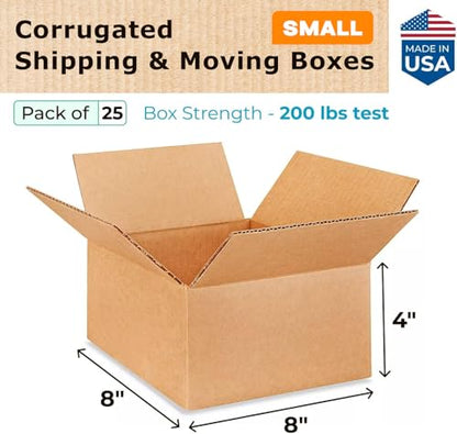 Small Moving & Shipping Boxes 8"L x 8"W x 4"H (25-Pack) - Extra Strength 200 lb vs Regular - Corrugated Cardboard Boxes for USPS/UPS/FEDEX - Strong Packing Box - Shipping Box by IDL Packaging - size: 8 * 8 * 4" (Small Boxes)