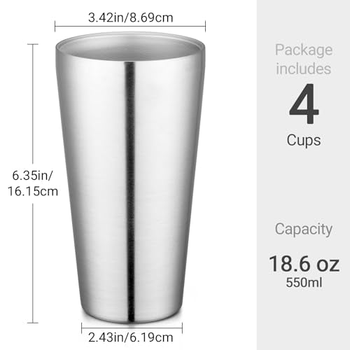 Beasea Stainless Steel Cups 19 oz, 4 Pack Large 18.6oz 550ml Stainless Steel Water Drinking Tumbler Stackable Double Wall Insulated Metal Pint Glasses Tin Cups for Home Party Camping - color: Straight, style: 18.6oz 4pcs