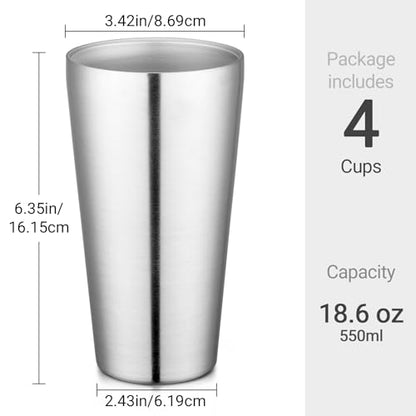 Beasea Stainless Steel Cups 19 oz, 4 Pack Large 18.6oz 550ml Stainless Steel Water Drinking Tumbler Stackable Double Wall Insulated Metal Pint Glasses Tin Cups for Home Party Camping - color: Straight, style: 18.6oz 4pcs