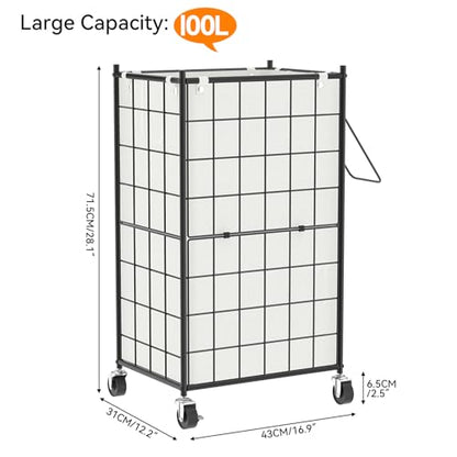WOWLIVE Rolling Laundry Basket, Metal Wire Frame Laundry Hamper with Wheels - color: Black and White, size: 100l