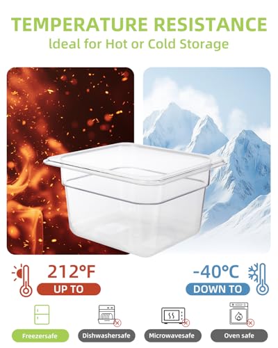 6 Pack Food Pan with Lids,1/6 Size Shatterproof Stackable Plastic Hotel Food Pan for Party, Catering, Home kitchens Meal Prep,-40°F to 212°F (1.62QT(1.53L), 1/6 size 4" deep) - size: 1/6 size 4" deep