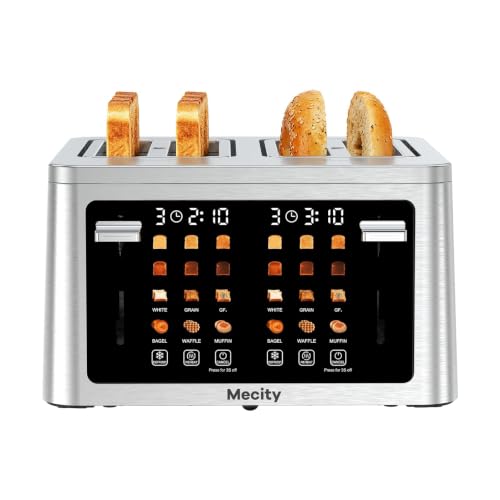 Mecity 4 Slice Touchscreen Toaster, 6 Bread Modes & 6 Browning Levels, Dual Touch Control Wide Slot Stainless Steel Electric Toaster with Memory, Defrost, 3-Min Auto Shutoff for White, Bagels, Waffles - color: 4 Slot-Brushed stainless steel