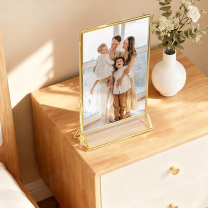 UNIQOOO Acrylic Sign Holders with Golden Border, Portrait View, Pack of 12 | 4x6 Inches Double Sided Clear Frame, Perfect for Wedding reception, Centerpiece, Decoration, Party,Anniversary, Event - size: 4x6",12Pack