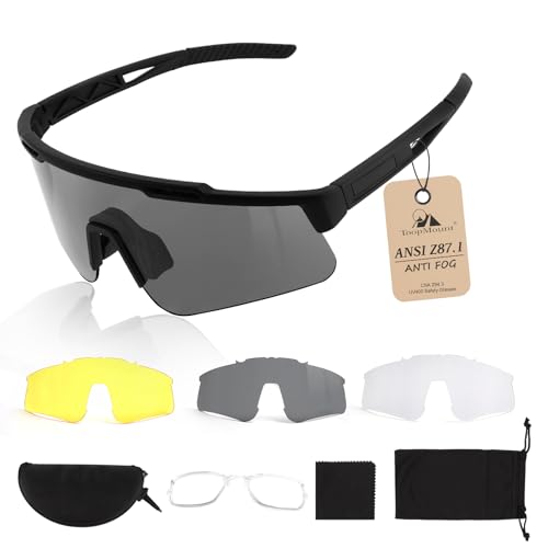 Tactical Eyewear Anti Fog, ANSI Z87.1 Sports Glasses with 3 Interchangeable Lens UV400 Protection Airsoft Goggle - color: Black Frame