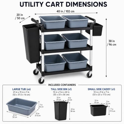 Storage Cart 3 Tier Heavy Duty Commercial Grade Utility Cart,Dish Cart for Restaurant,Multi-Function Mobile Shelving Unit Organizer for Hotel,Restaurant,Kitchen,Laundry Room with 6 Basin 2 Barrels - size: 40X20X38IN