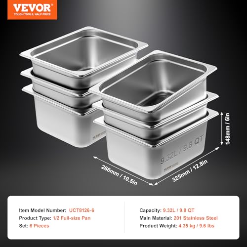 VEVOR 6 Pack Stainless Steel Hotel Pans - 1/2 Size 6-Inch Deep 0.8mm Thick Anti-Jam Commercial Food Pans for Steam Tables, Restaurants, Catering & Industrial Use - size: 1/2 Size, style: 6 Inch Deep Thickened