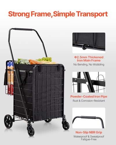 VEVOR Shopping Cart, Folding Grocery Utility Cart with Dual Baskets, Waterproof Liner & Wheels, 100 LBS Large Load Capacity, Heavy Duty Laundry Basket for Laundry, Shopping, Camping, Grocery, Luggage - size: Medium