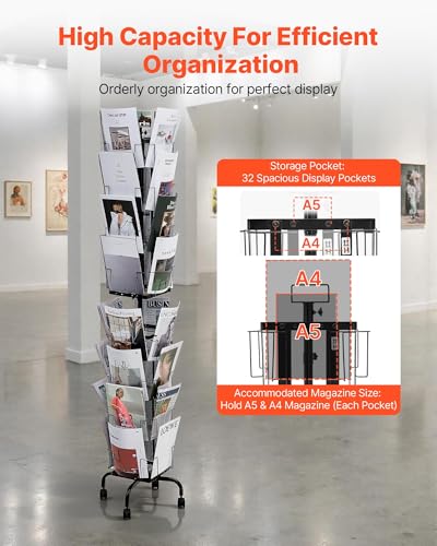 VEVOR Greeting Cards Display Rack, 32 Pockets Rotating Postcard Brochure Display Stand, 360° Spinning Card Display Rack with Sign Holder & 4 Wheels (2 Lockable) for Exhibitions Office Trade Show - size: without wheels