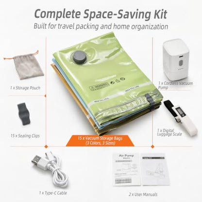 HOUSE DAY 15 Pack Vacuum Storage Bags for Travel with Cordless Pump & Scale - size: 15 Combo-Cordless PUMP