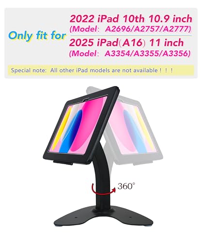 Desktop Anti-Theft Kiosk Stand POS Stand with Lock Bracket for 2025 iPad 11" (A16) 11th/ 2022 iPad 10.9" 10th Gen.,Excluding Other 10.9"& 11",360°Swivel,Metal(Black)
