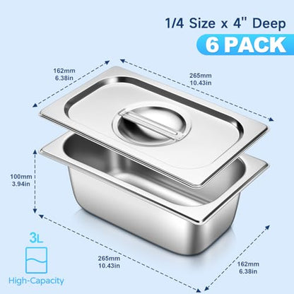 Hotel Pans With Lids 1/4 Quarter Size 4 Inch Stainless Steel Food Pans - color: 1/4 Size, size: 4" Deep