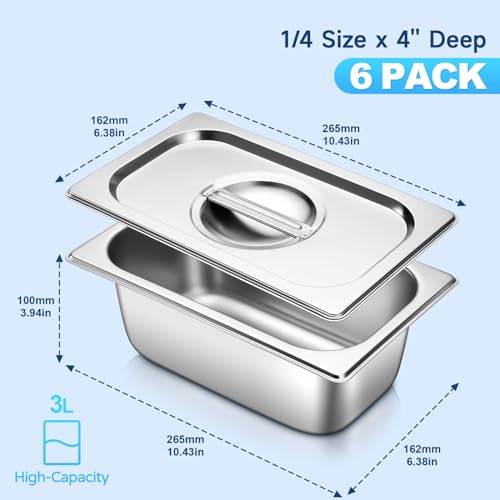 Hotel Pans With Lids 1/4 Quarter Size 4 Inch Stainless Steel Food Pans - color: 1/4 Size, size: 4" Deep
