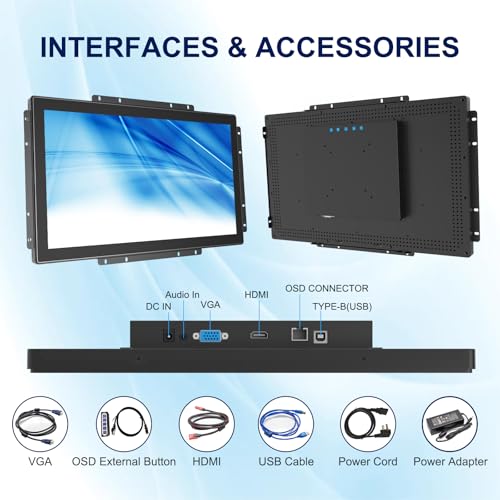 Multi-Touch Industrial Touch Screen Monitor 18.5 Inch Multi-Touch Open Frame Display, 1366x768 IP65 Waterproof IK08 Impact-Resistant Monitor with HD-MI VGA Port, 16:9 Black - size: 18.5
