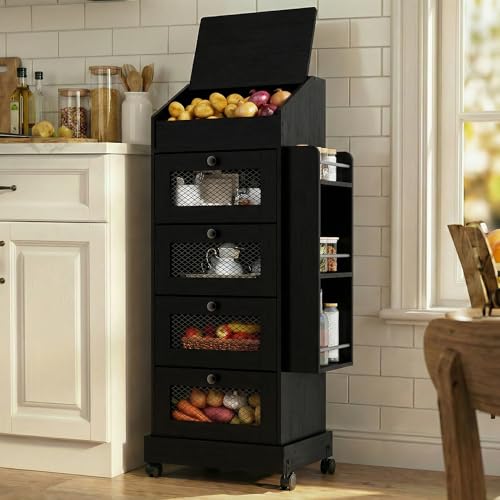 ARTETHYS Potato Storage Bin 5-Tier Rolling Black Bread Box with Side Rack - color: Black