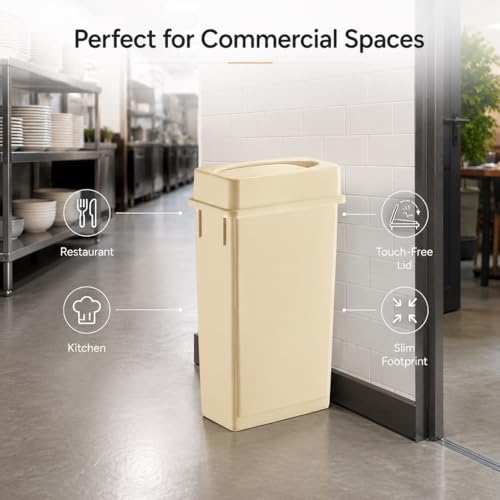 23 Gallon Slim Rectangular Commercial Trash Can, Heavy Duty Plastic Indoor Waste Bin for Kitchen, Office, Restaurant, School, Restroom & Janitorial Use (Beige, with Lid) - color: Beige