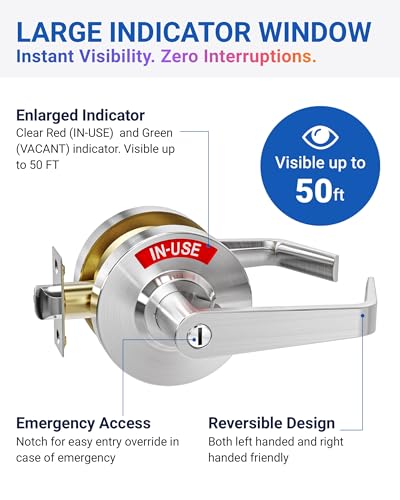 Commercial Privacy Indicator Door Lock, Heavy Duty Satin Chrome Bathroom Handle with 90mm Large Rose (Covers Old Holes) - ANSI Grade 2 Restroom Lever for Office, Medical & Gym (Satin Chrome) - color: Satin Chrome