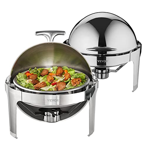 VEVOR Roll Top Chafing Dish Buffet Set, 6 Qt 2 Pack, Stainless Steel Chafer with 2 Full Size Pans, Round Catering Warmer Server with Lid Water Pan Stand Fuel Holder, for at Least 5 People Each - color: Silver, size: 6 Qt 2 Pack