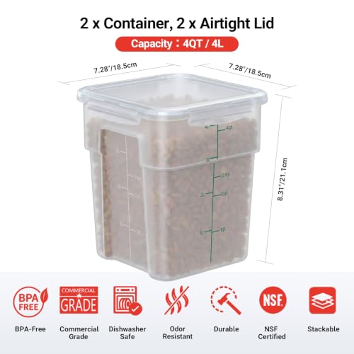 2 Pack 4 QT Airtight Commercial Food Storage Containers, BPA-Free Translucent Polypropylene, Built-In Labeling Area, Stackable for Sugar & Rice, Tall Model - size: 2 X 4.0(QT)-Tall