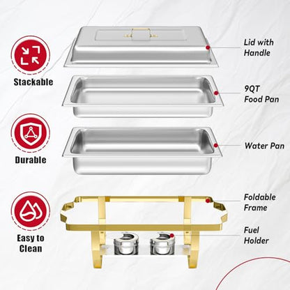 IMACONE 4 Pack Chafing Dish Buffet Set, 8QT Stainless Steel Rectangular Gold Frame Chafers and Buffet Warmer Sets 7 Pans Rolled-Edge Design for Catering Event Party Holiday - color: Gold Frame, size: 4-Pack Combo