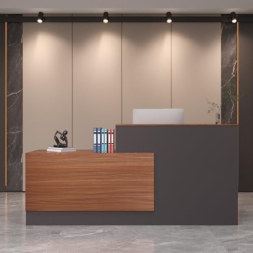 L-Shaped Reception Desk with Lockable Drawers, Adjustable File Cabinet & Keyboard Tray, Modern Front Counter for Office, Salon, or Lobby (Right-L Walnut/Slate Gray, 86.6''L x 23.6''W x 41.3''H) - color: Right-l Walnut/Slate Gray, size: 86.6''L x 23.6''W x